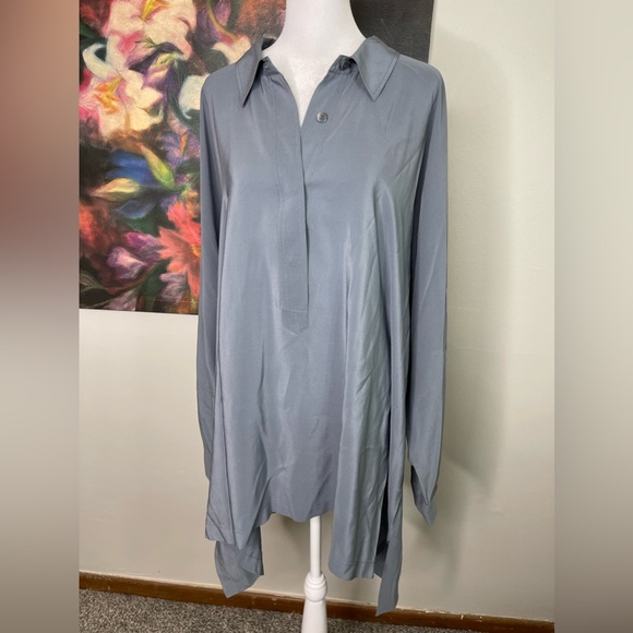 Lovely 100% SILK Eileen Fisher Gray Oversize Dolman Tunic Blouse Asymmetric XL - Picture 2 of 9